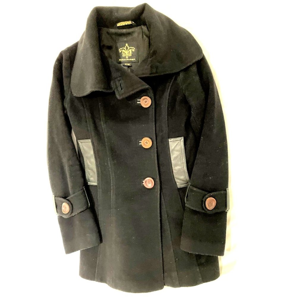 Mackage Black Wool Cashmere Blend Leather Big Button Coat XS, Made in Canada